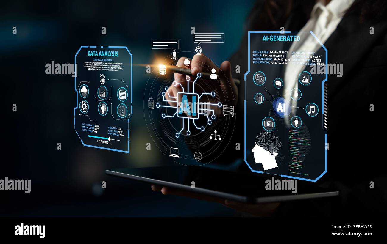 Futuristische Geschäftsfrau mit künstlicher Intelligenz für Datenanalyse und Visualisierung in High-Tech-Umgebungen Fluxor. Stockfoto
