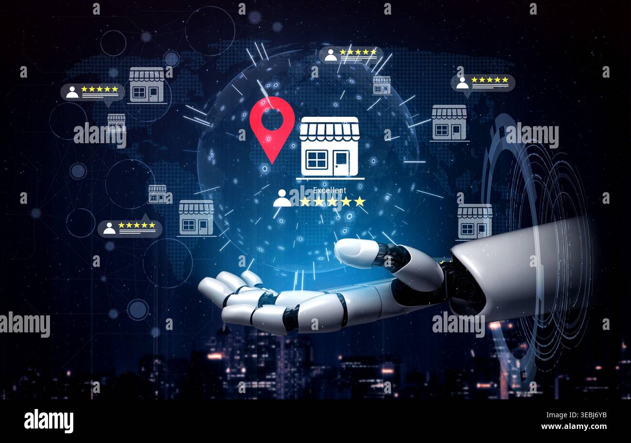 Eine futuristische Roboterhand wendet sich interaktiv an eine digitale Marketing-Visualisierung, die Geschäftsbewertungen und geografische Standorte zeigt Stockfoto