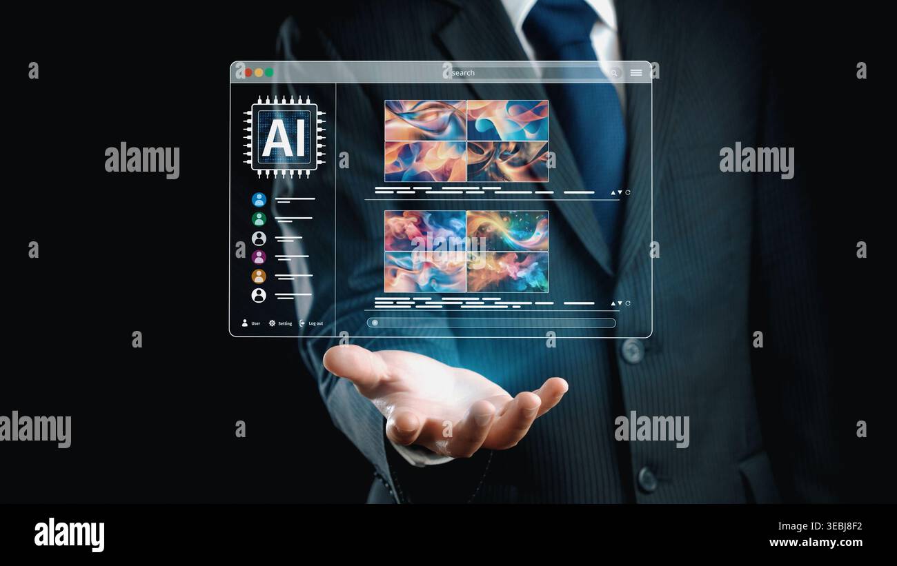 KI-Plattform zur Generierung von Kunstbildern mit dynamischer Schnittstelle. KI-generierte Inhalte werden in der Ansicht „Künstliche Intelligenz“ der Bildergalerie angezeigt. Künstliche Intelligenz Stockfoto