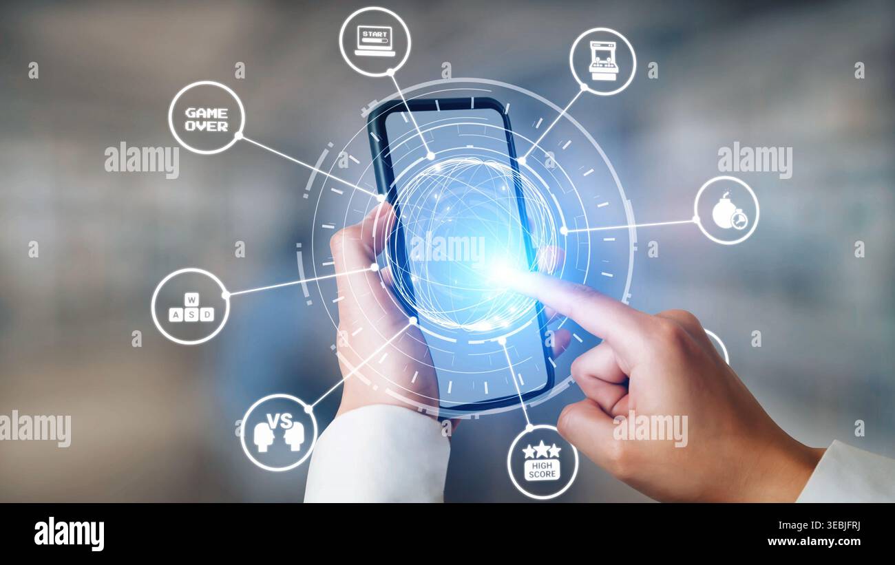 Gaming-Symbole zeigen Online-Spiele, Spiele-Streaming und interaktives Spielen. Gaming unterstützt E-Sport, Spiel-Community und digitales Gaming-Erlebnis. Gist Stockfoto