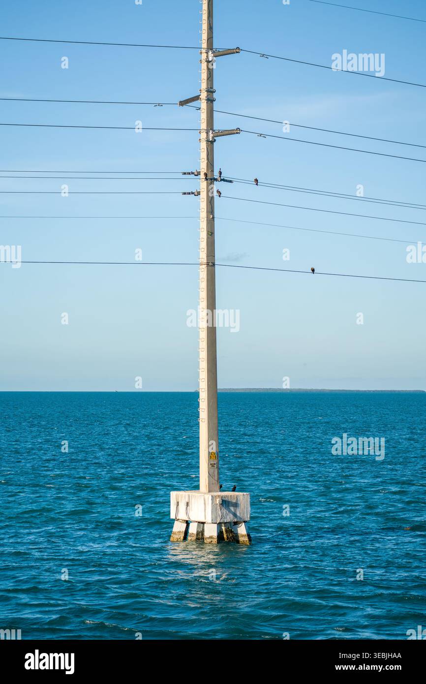 Eine industrielle elektrische Säule erhebt sich direkt aus dem tropischen Meer in der Nähe des Overseas Highway in den Florida Keys. Stockfoto