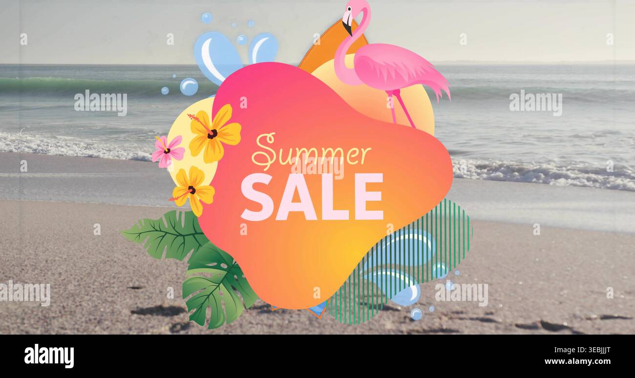 Dominierende Sommerabzeichen am Strand mit Flamingo, Blumen, Monstera und Wellen Stockfoto