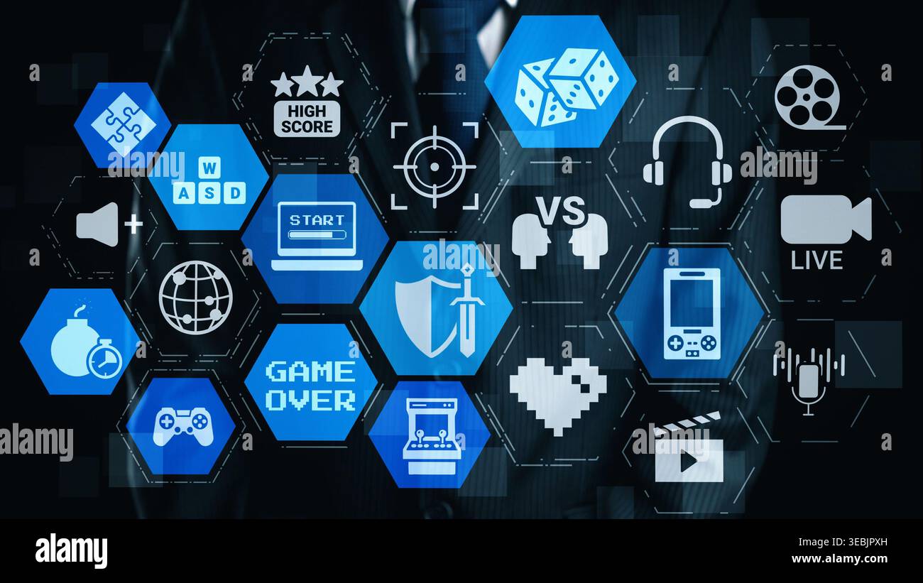 Gaming-Symbole zeigen Online-Spiele, Spiele-Streaming und interaktives Spielen. Gaming unterstützt E-Sport, Spiel-Community und digitales Gaming-Erlebnis. Gist Stockfoto