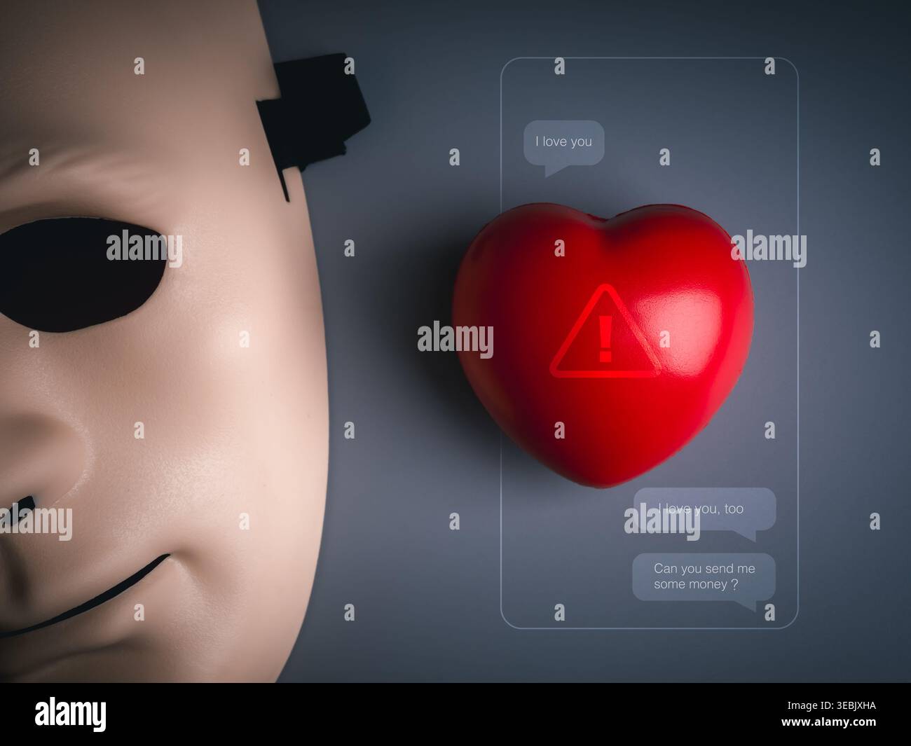 Online-Romantik-Betrug-Konzept mit gefälschter Identitätsmaske und Herzsymbol. Emotionale Manipulation, Vertrauenstäuschung, Finanzanfragen, Social Engineering, Stockfoto