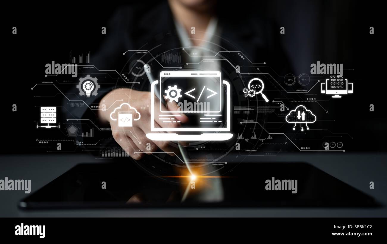 Modernes Web-Entwicklungskonzept mit Codierungssymbolen, Web-Entwicklungsprozess, Web-Entwicklungsoberfläche und Web-Entwicklungstools mit futuristischem Design Stockfoto