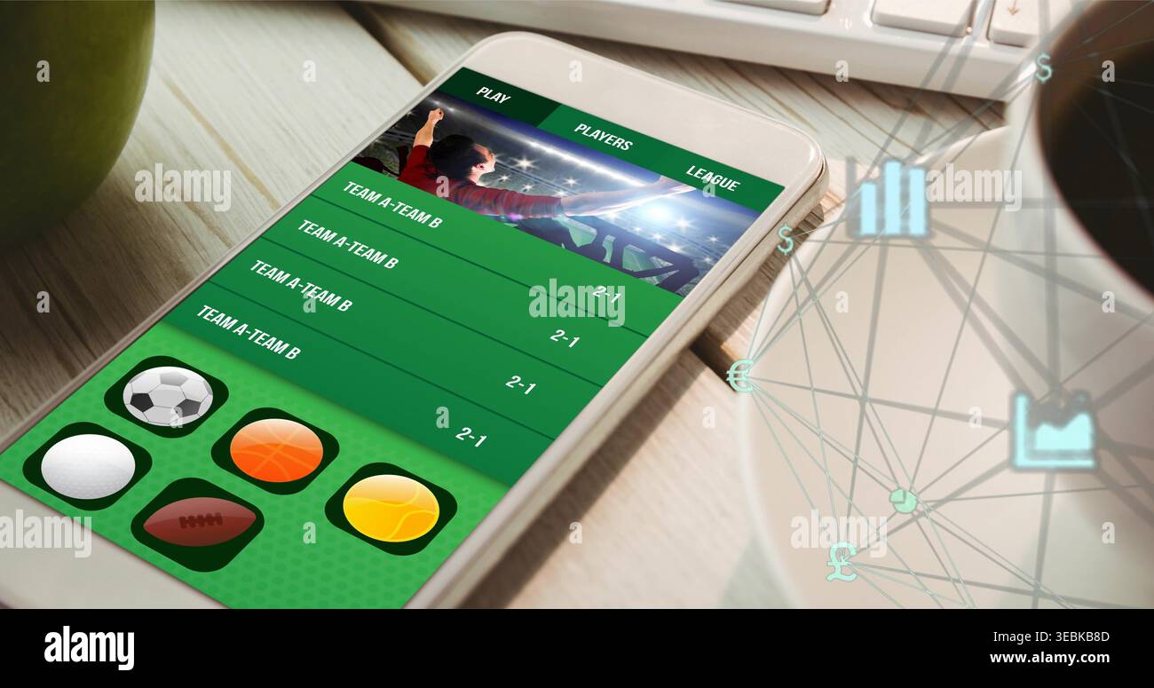 Smartphone zeigt Sport-App auf dem Schreibtisch des Heimbüros an, zeigt Spieler aus rotem Jersey, Sportsykonen, Apfel Stockfoto