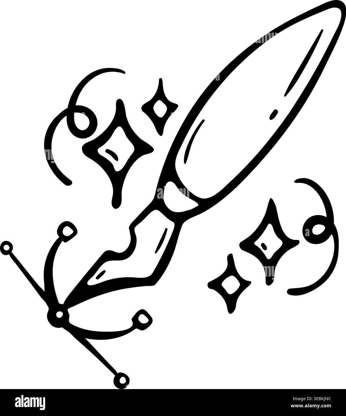 Symbol für die Erstellung von KI-Vektorgrafiken für intelligentes Grafikdesign und automatisierte Bilderzeugung. Handgezeichnete Doodle-Illustration eines Stift-Werkzeugs mit magischen Sternen. Stock Vektor