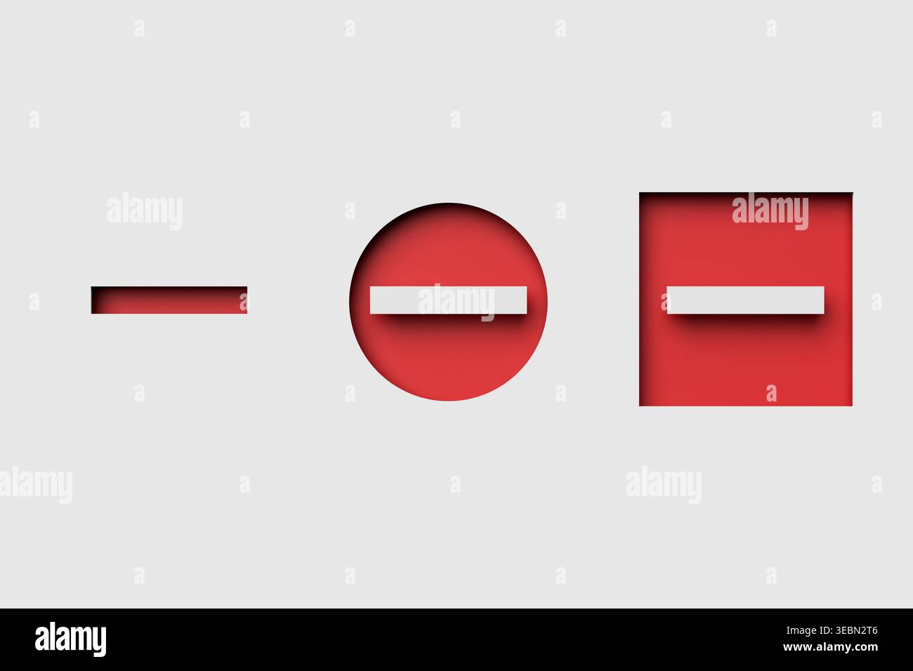 Minimale Symbole, die Minus-, Stopp- und Blockkonzepte in einem rot-weißen geometrischen Papierschnitt darstellen, mit negativem Raum für eine moderne visuelle Kommunikation Stockfoto