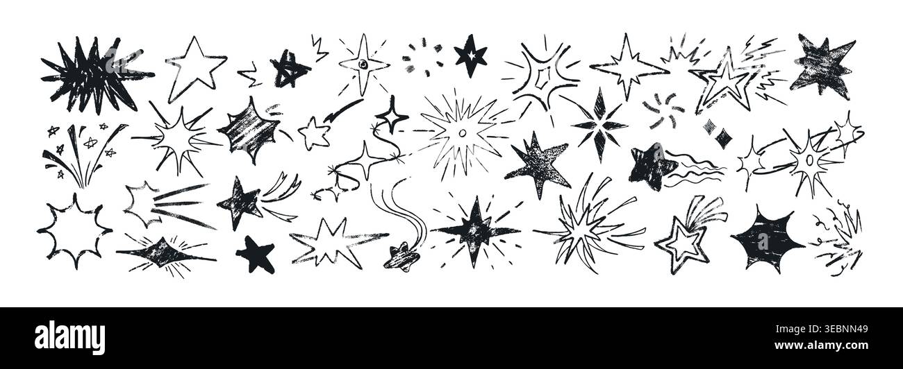 Handgezeichnete schwarze Buntstiftsternformen, Weihnachtsfeuerwerk. Vektor-Kritzelfunken, Feier-Explosion, kindliche Kreidebleistift-Design-Elemente. Fotografieren Sie Kometen und zeichnen Sie Symbole im Grunge-Textur-Stil Stock Vektor