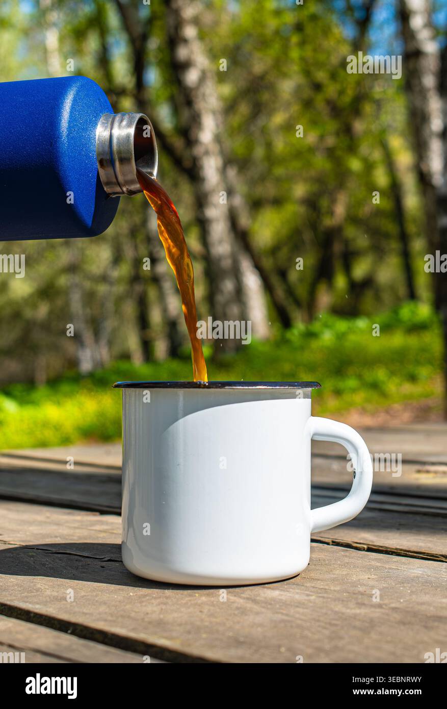 Gießen Sie heißen Kaffee aus der blauen Thermoskanne in einen Becher aus weißer Emaille im Wald im Freien Camping Stockfoto