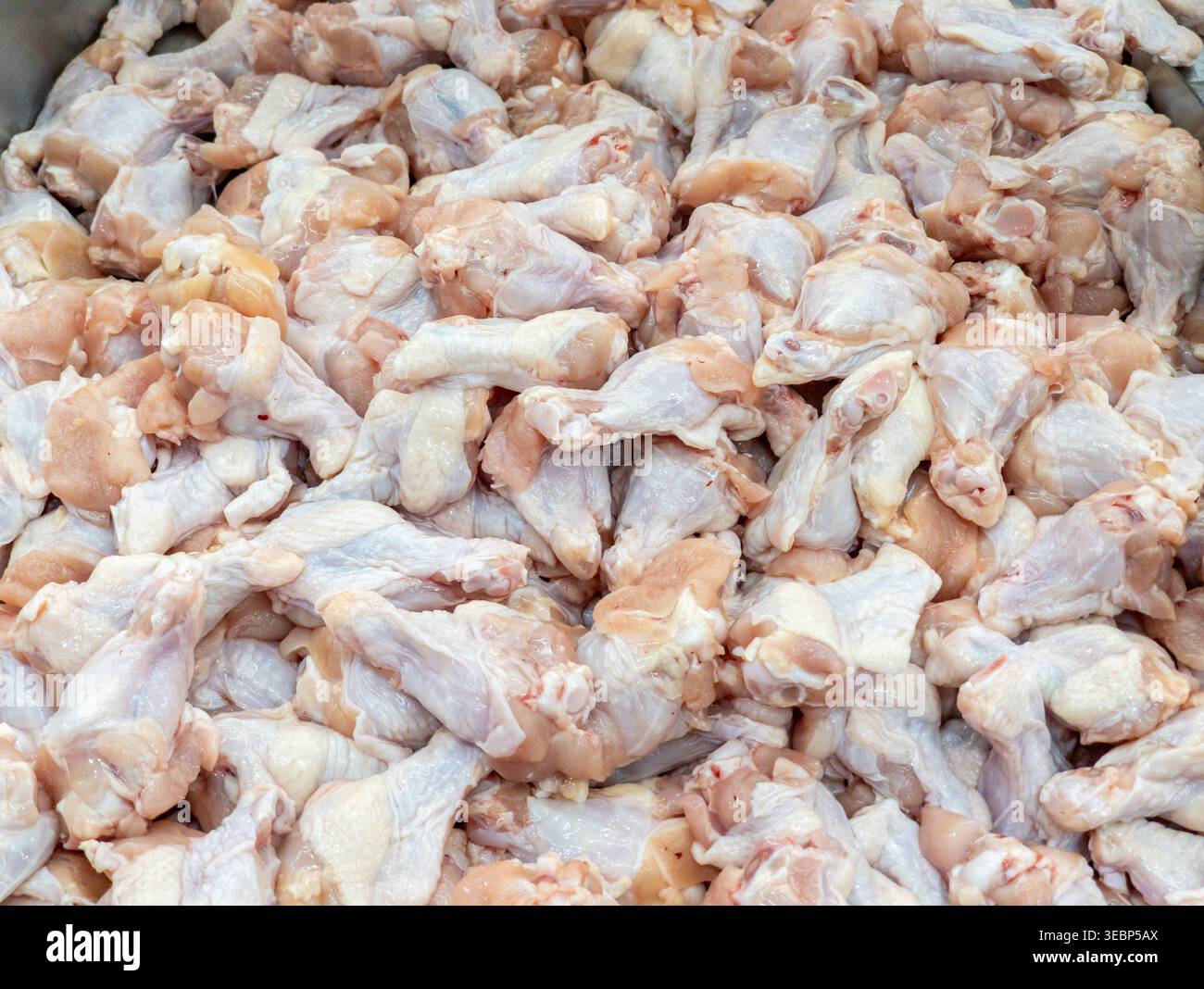 Ein großer Haufen frischer, roher Hähnchenflügel-Trommeln in einem Supermarkttablett. Hochwertiges, ungekochtes Geflügelfleisch, bereit zum Kochen. Stockfoto
