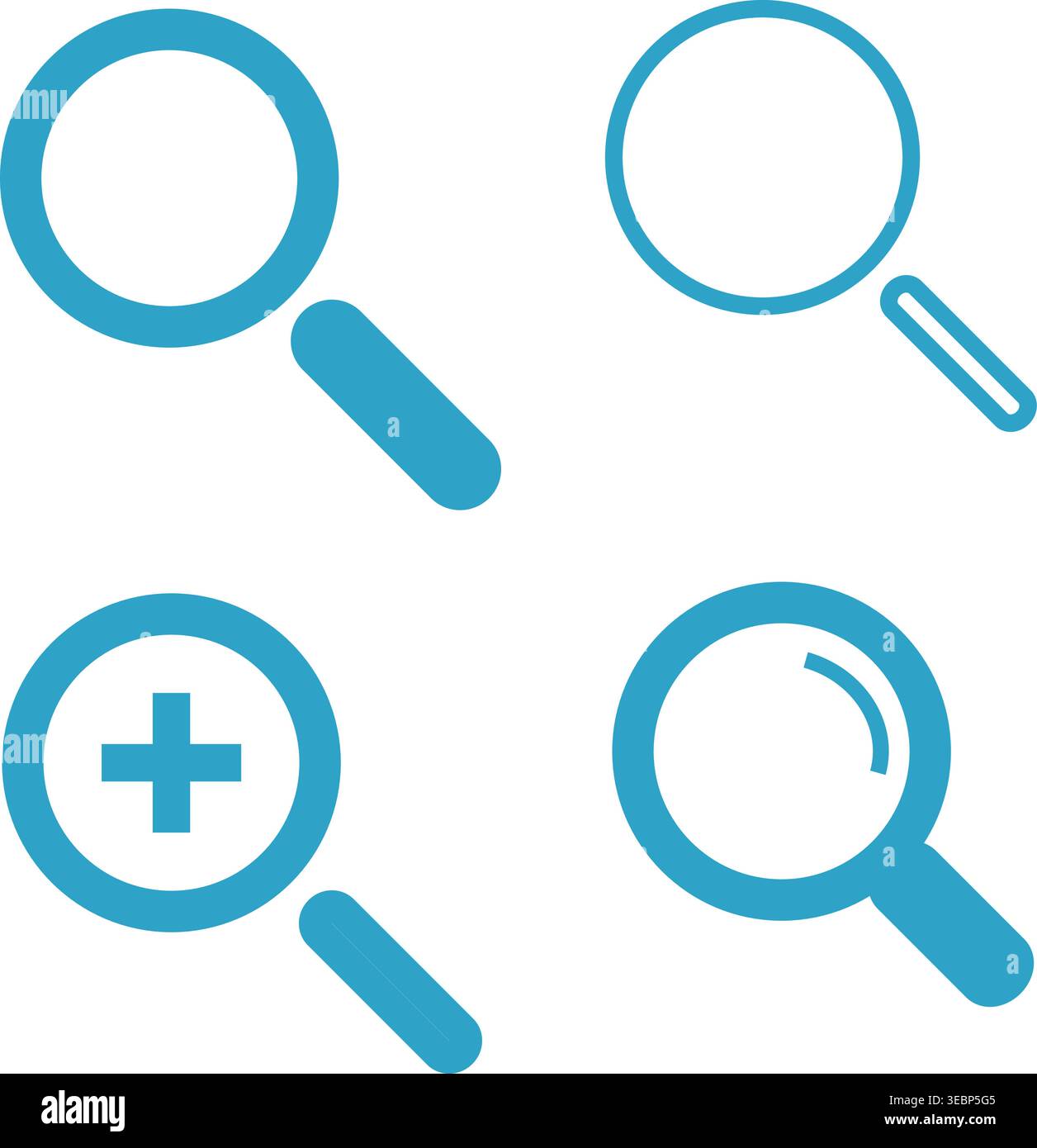 Lupensymbol. Set aus vier einfachen blauen Lupen, isoliert auf transparentem Hintergrund Stock Vektor