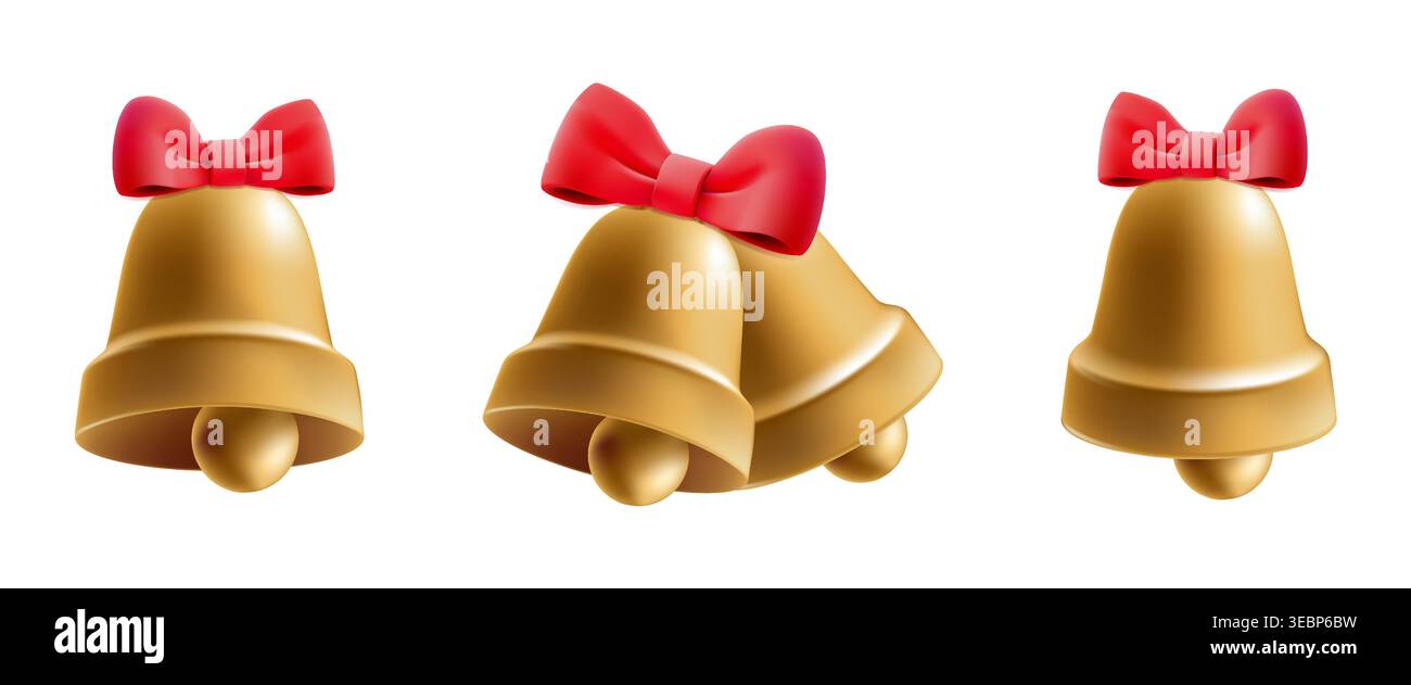 3D goldene Schulglocke, weihnachtsbaumklingeln. Uhrenbenachrichtigung Dekoration, Hochzeitsring. Letzte Erinnerung, Hochglanzalarm Stock Vektor