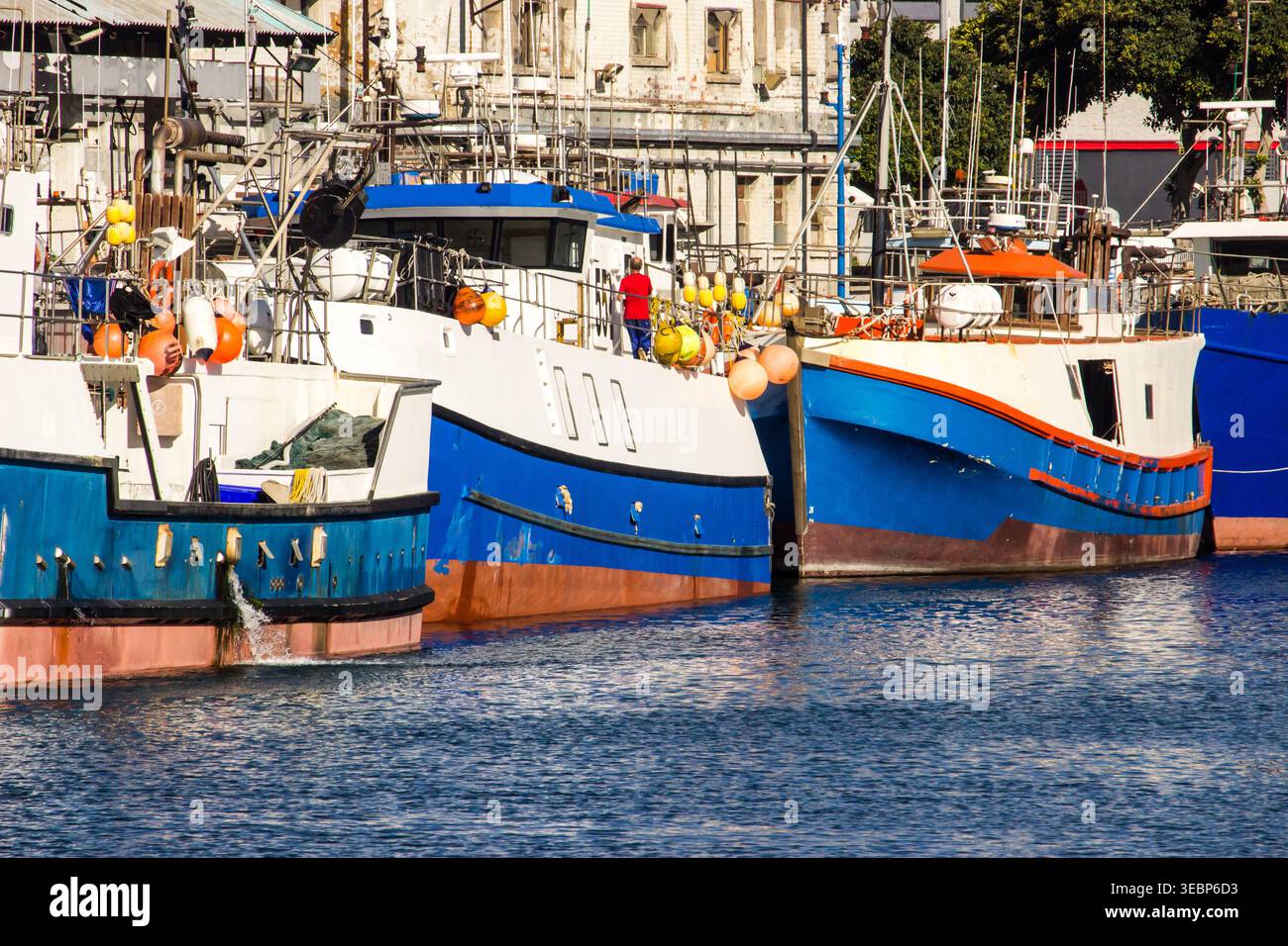 Blaue, rote und weiße Fischerboote legten am Hafen an der V&A Waterfront in Kapstadt, Südafrika, an. Stockfoto