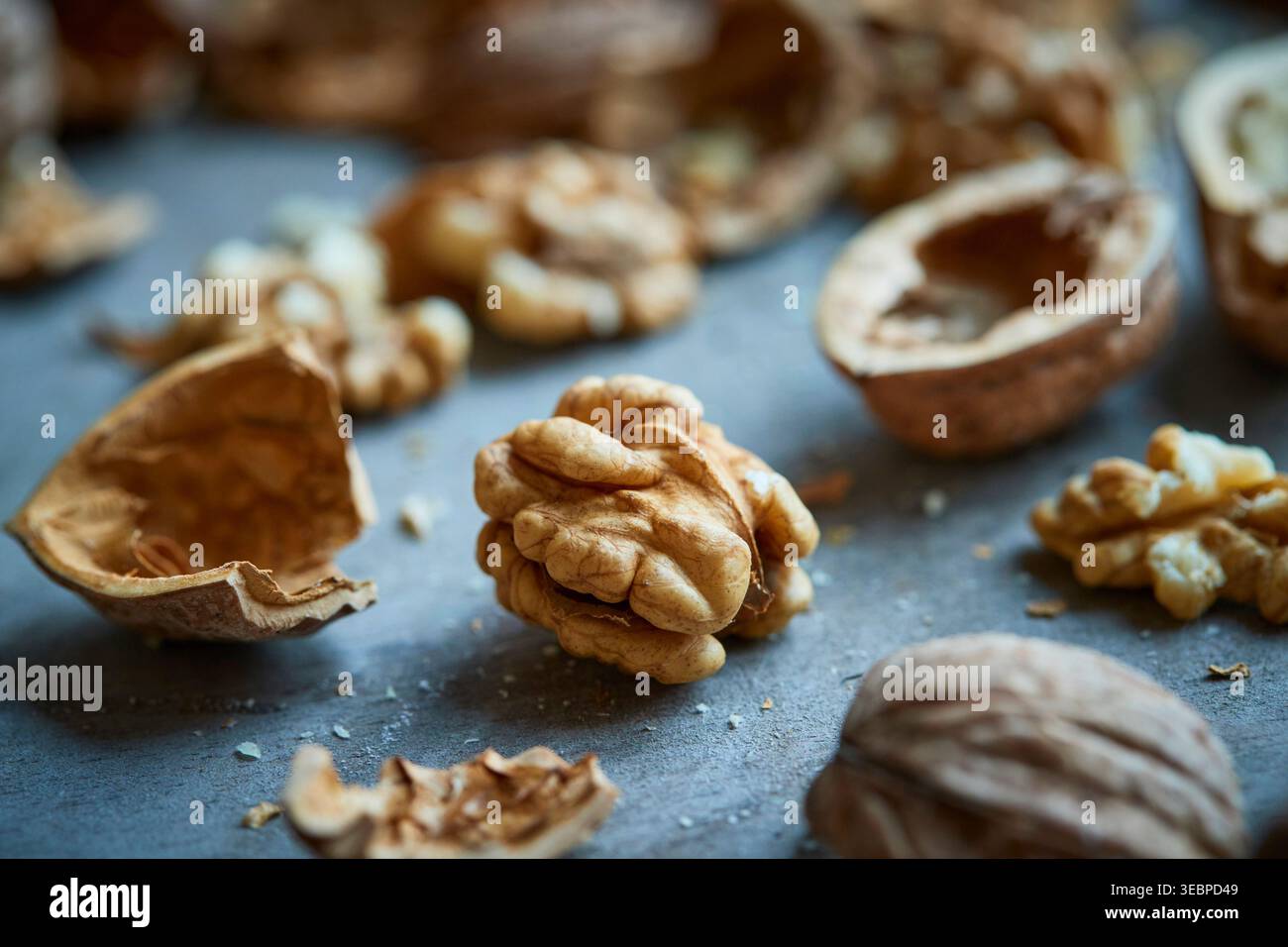 Walnuss (Juglans regia). Frisch gemahlene Walnüsse Stockfoto
