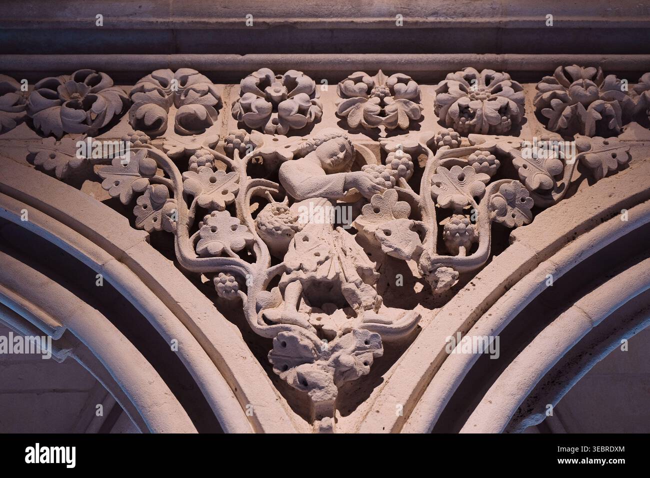 Mont Saint-Michel, Frankreich: Detailgetreue Reliefschnitzerei einer Figur, die Trauben aus der gotischen Abtei erntet. Mittelalterliche Skulpturenkunst. Stockfoto