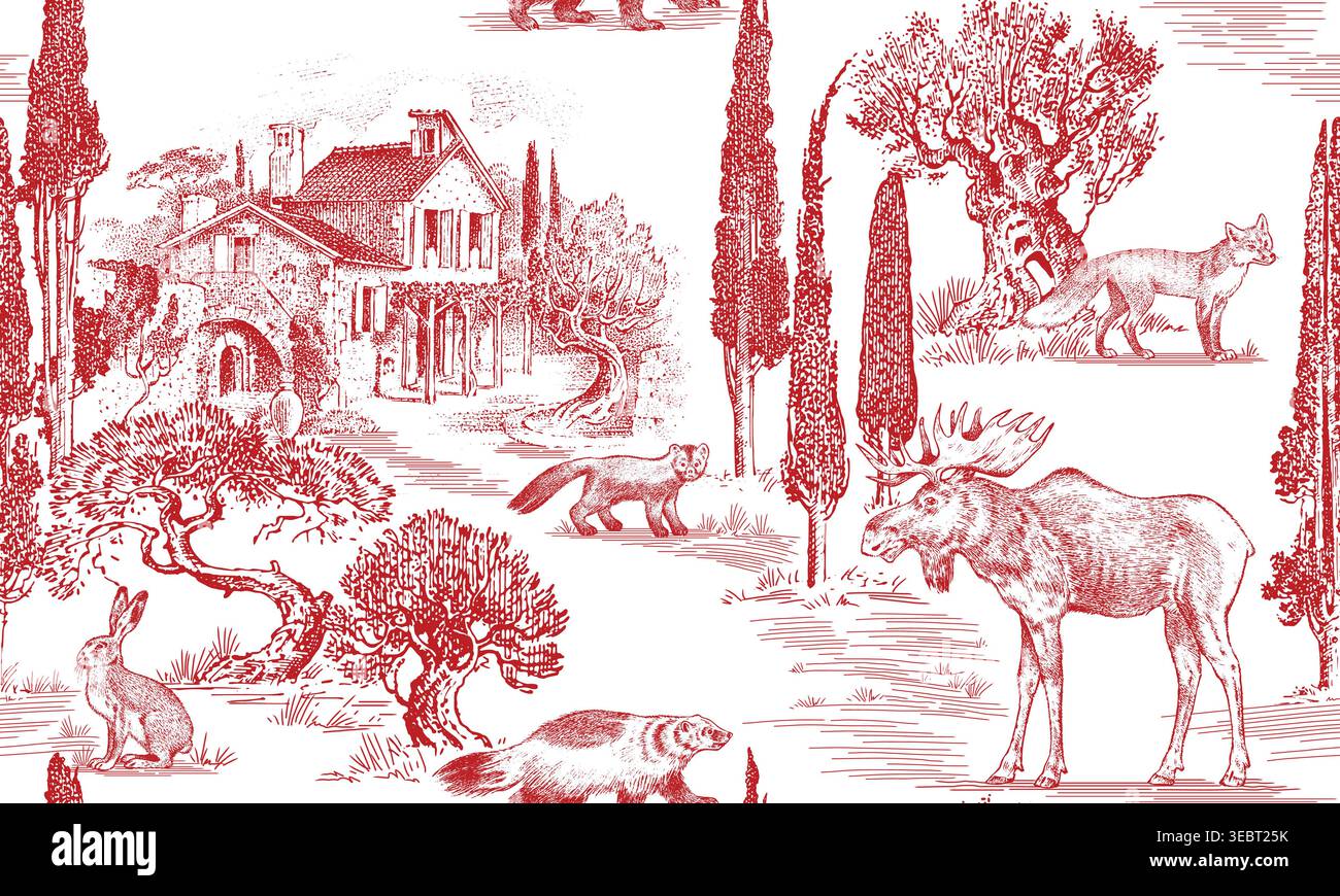 Toile de Jouy nahtloses Muster mit Waldtieren und französischer Villa. Ländliches Gefühl. Elch, Elch und Rotfuchs mit Hase und Sable. Zypresse und Dachs Stock Vektor