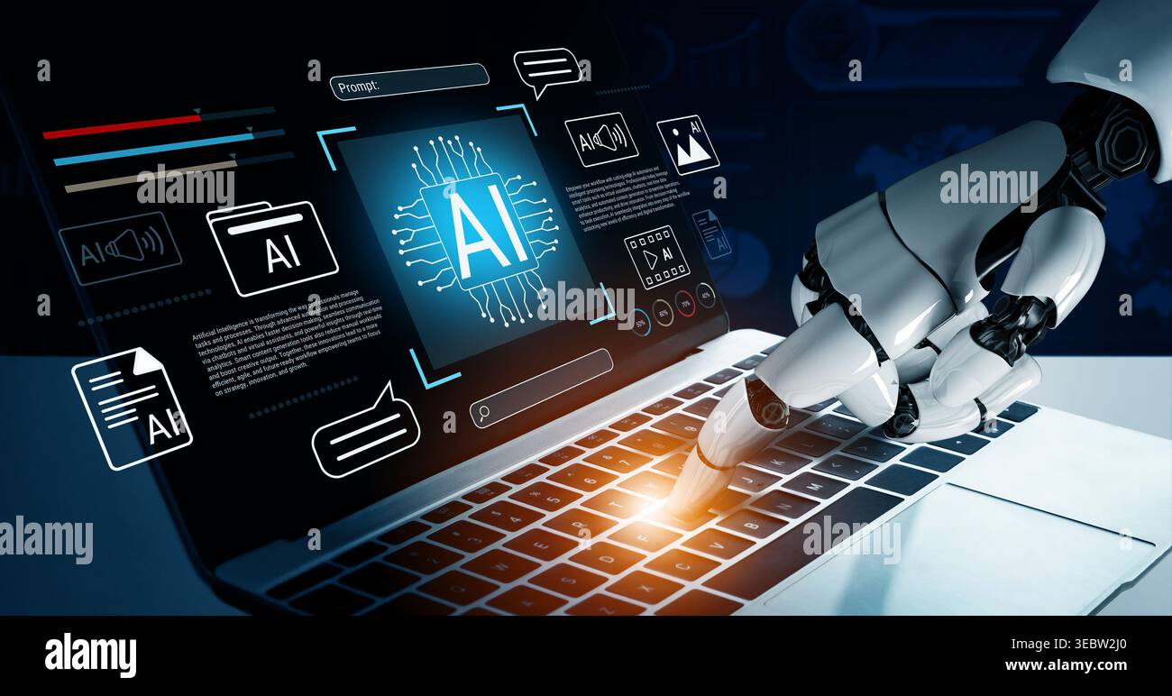 KI hilft bei der Entwicklung intelligenter Workflow-Systeme, die die Generierung von Inhalten automatisieren, Prozesse optimieren und die Produktivität digital steigern Stockfoto