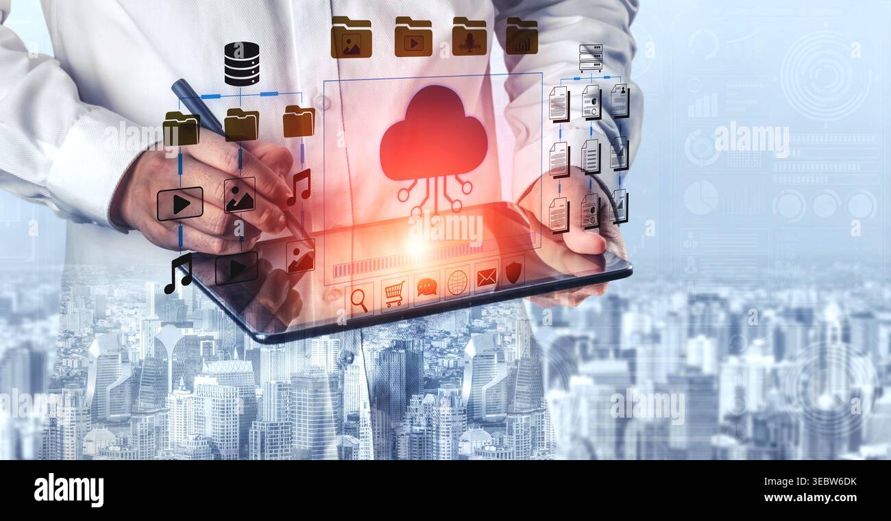Professionelle Geschäftskleidung mit digitalem Tablet mit Cloud-Technologie und Datenmanagement-Icons in einem modernen urbanen Setting Fluxor. Stockfoto