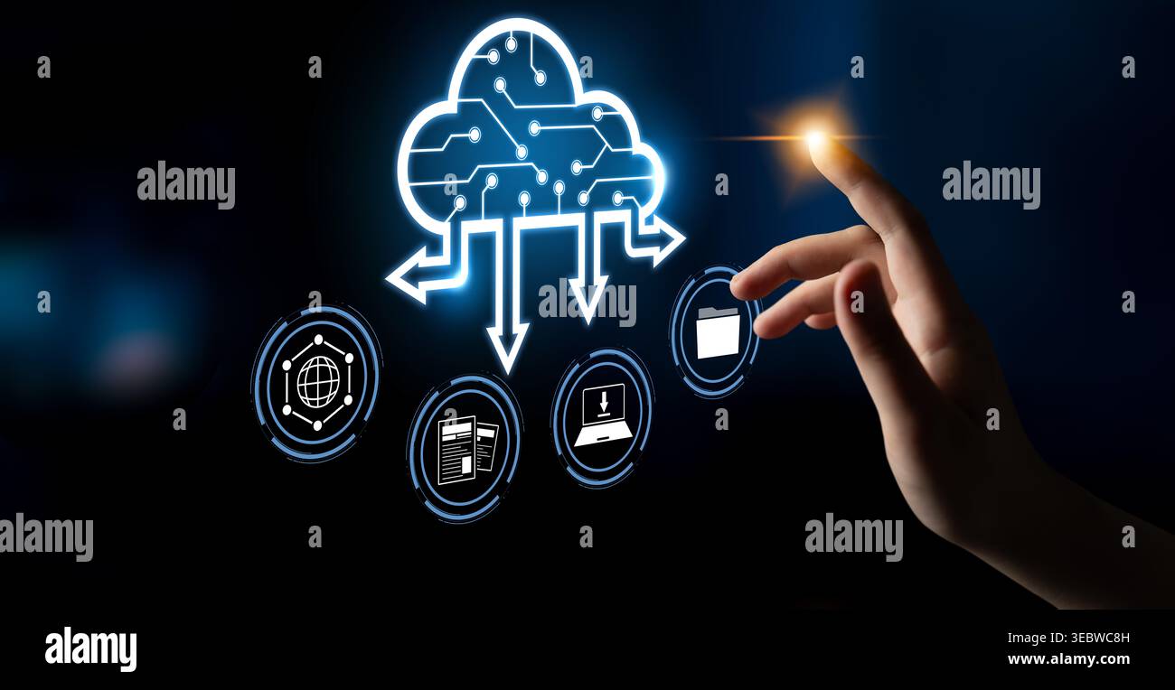 Cloud-Computing ermöglicht digitales Wachstum mit sicherer Datenspeicherung, skalierbarer Infrastruktur und strategischen Cloud-basierten Geschäftslösungen. Verriegelung Stockfoto