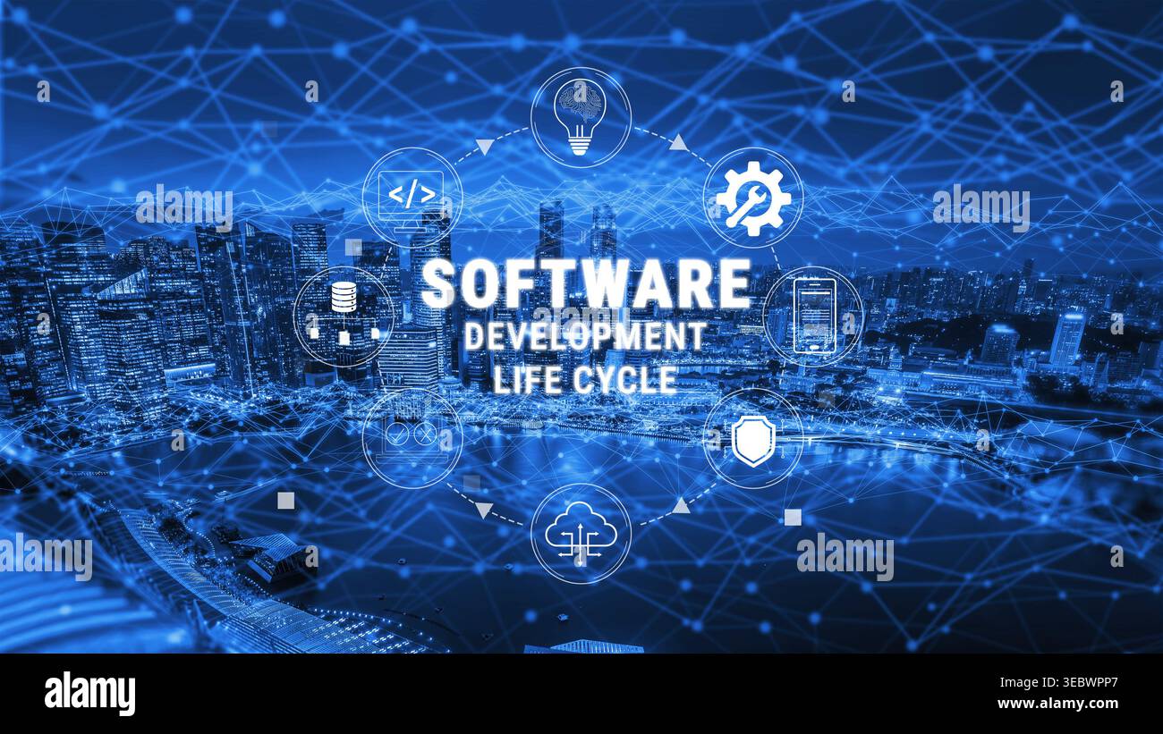 Visuelle Darstellung des Lebenszyklus der Softwareentwicklung mit Symbolen und Stadtbild-Hintergrund in einem Farbpaletten-Quark mit Tech-Motto. Stockfoto