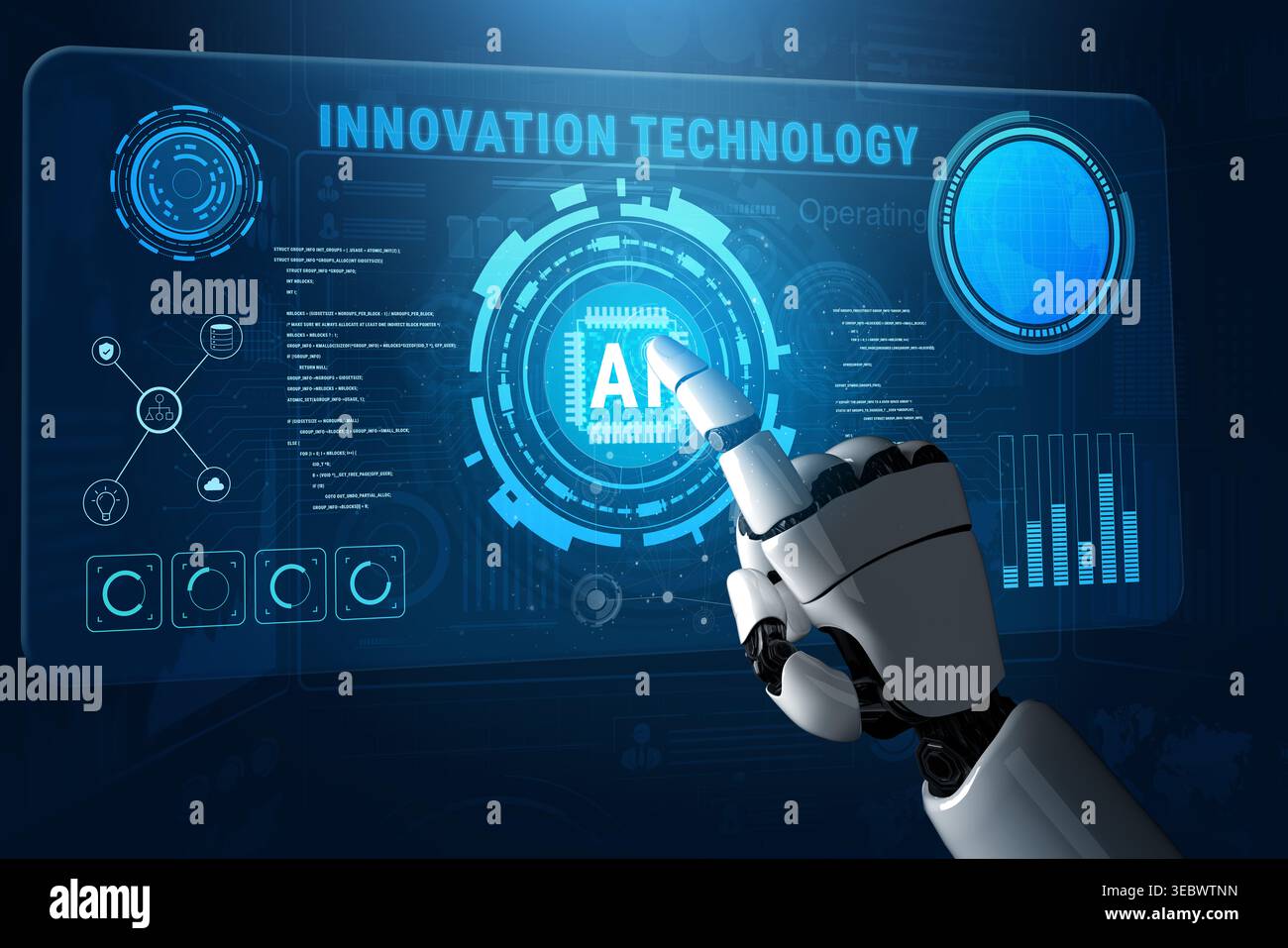 Der Kern der Innovationstechnologie ist die künstliche Intelligenz (KI). Ein Konzept der zukünftigen KI-Entwicklung, des maschinellen Lernens und der Geschäftsautomatisierung Stockfoto