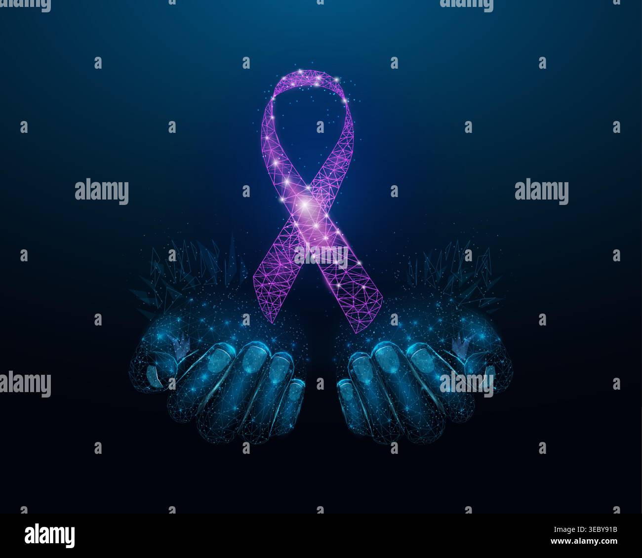 Zwei menschliche Hände sind ein Purple-Band-Bewusstsein. Drahtmodell glühend niedrig Poly. Blasenkrebs, Alzheimers, Mukoviszidose, Lupus, Epilepsie, Inland Stock Vektor