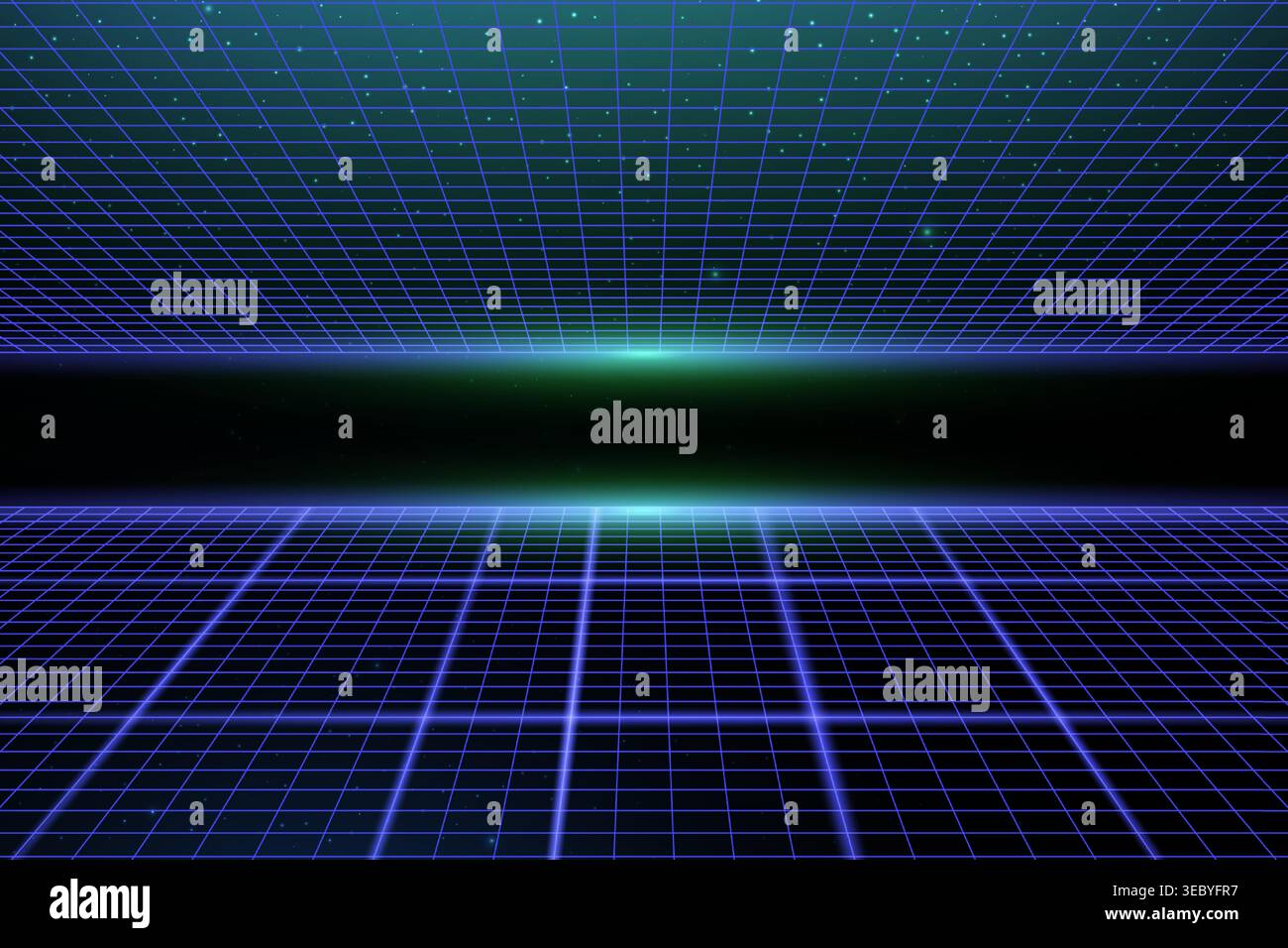Gitterperspektive mit leuchtenden Linien, futuristischem digitalem Raum. Abstraktes BG-Bodenmuster mit Drahtmuster, Retro-Atmosphäre im Spielzimmer mit Neonakzenten Stock Vektor