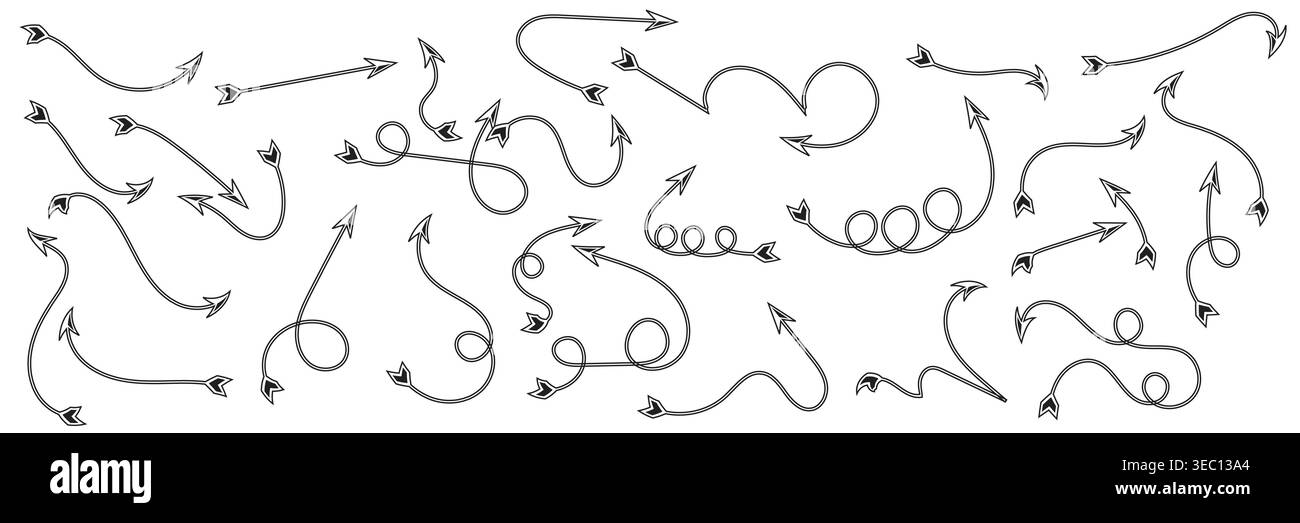 Set aus schwarz umrissenen, handgezeichneten, dekorativen, gekrümmten Pfeilen und gewirbelten Doodle Pointer-Elementen Stock Vektor