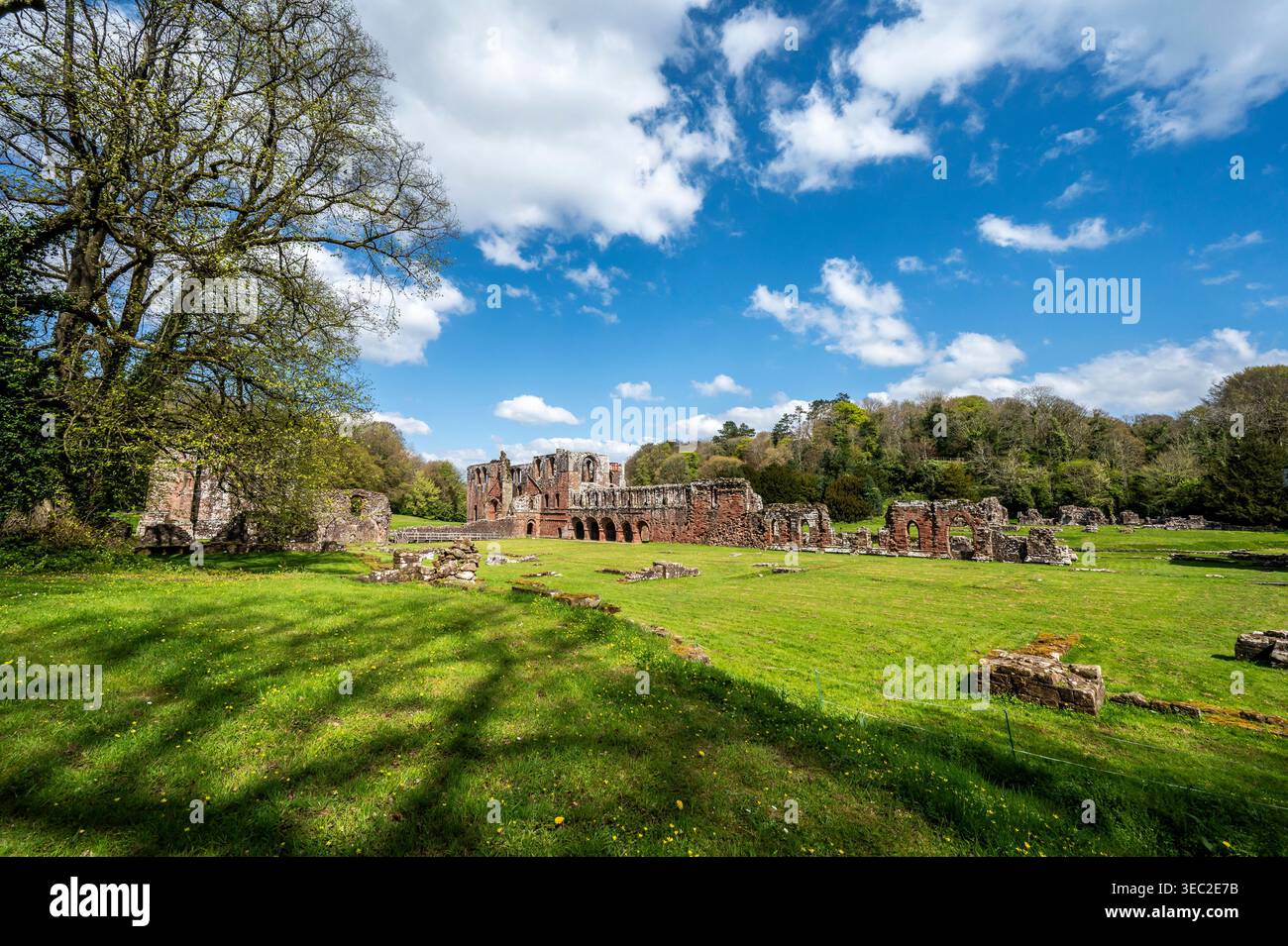 Diese Bilder zeigen die berühmten Ruinen des Zisterzienserklosters Furness Abbey aus dem 11. Jahrhundert, das sich auf der Halbinsel Furness in der Irischen See befindet. Stockfoto