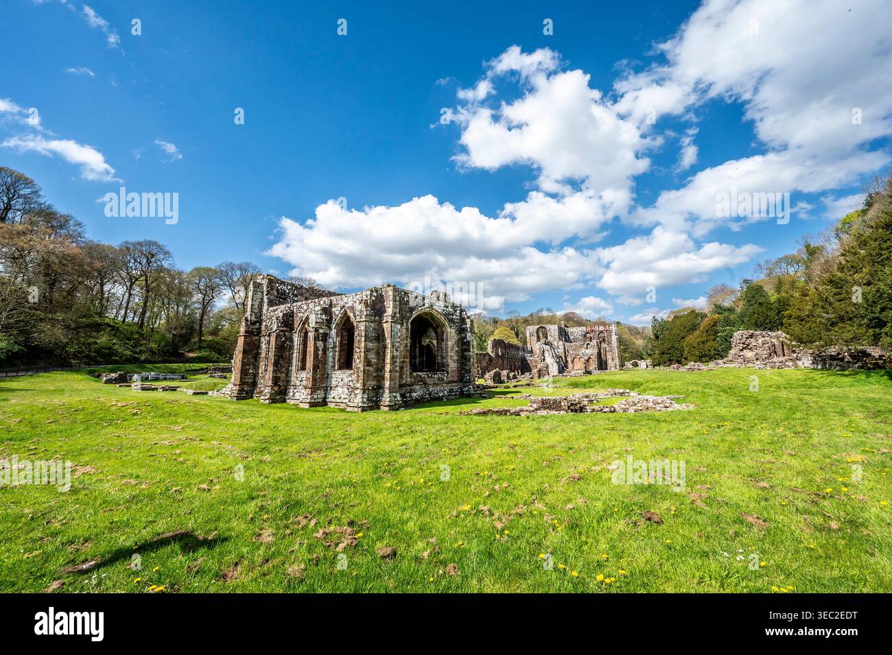 Diese Bilder zeigen die berühmten Ruinen des Zisterzienserklosters Furness Abbey aus dem 11. Jahrhundert, das sich auf der Halbinsel Furness in der Irischen See befindet. Stockfoto