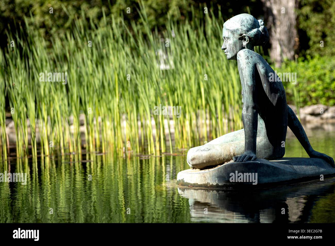 Bronzestatue eines sitzenden Mädchens in einem Teich auf Margareteninsel Stockfoto