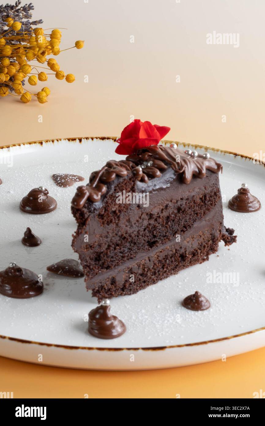 Ein Stück reichhaltiger Schokoladenkuchen mit roter Blume, serviert auf einem weißen Teller mit Schokoladentropfen und Puderzucker-Dekoration Stockfoto