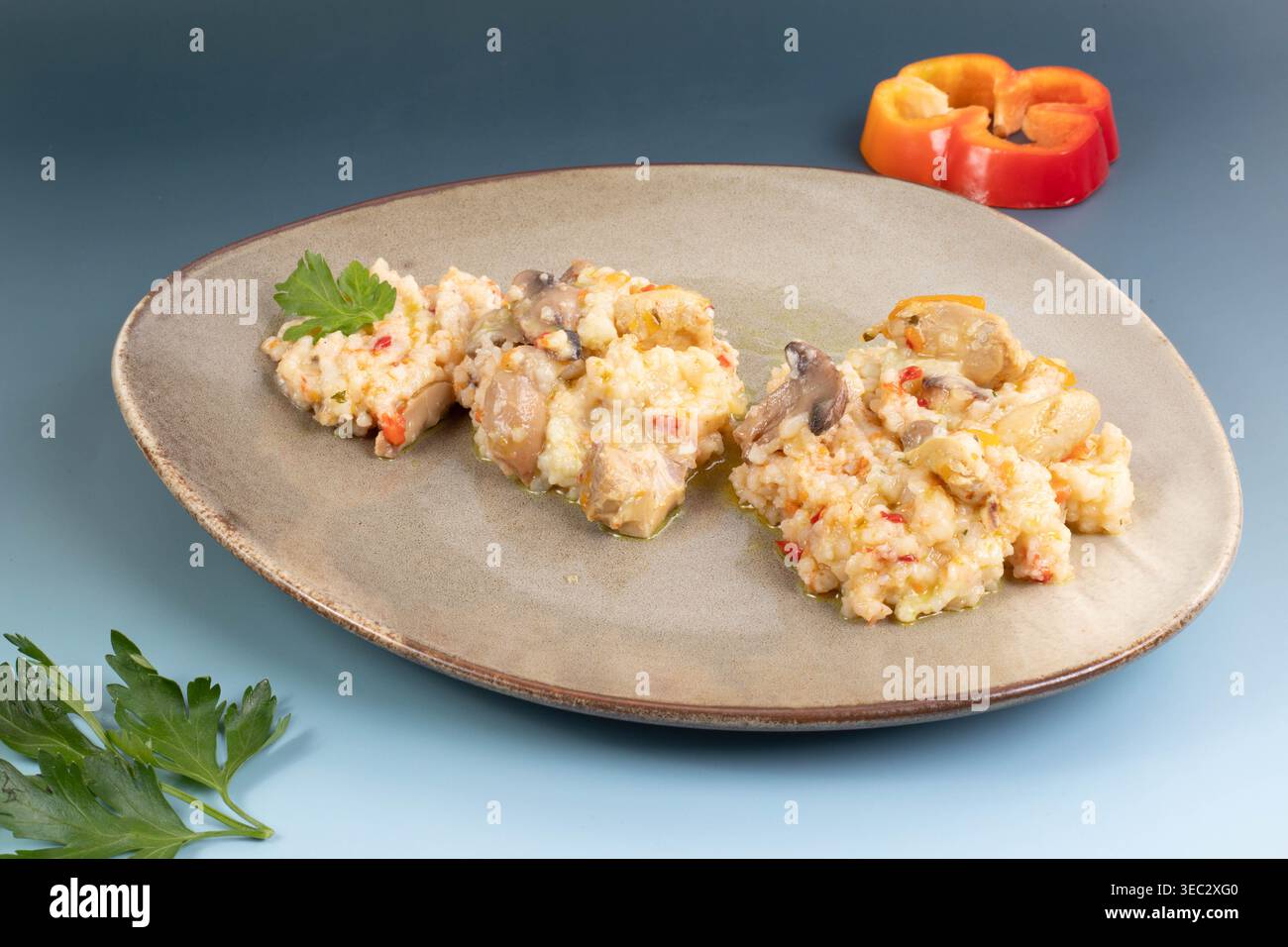Köstliches cremiges Risotto mit Huhn und Pilzen auf einer Keramikplatte serviert, garniert mit frischer Petersilie und Paprika. Stockfoto