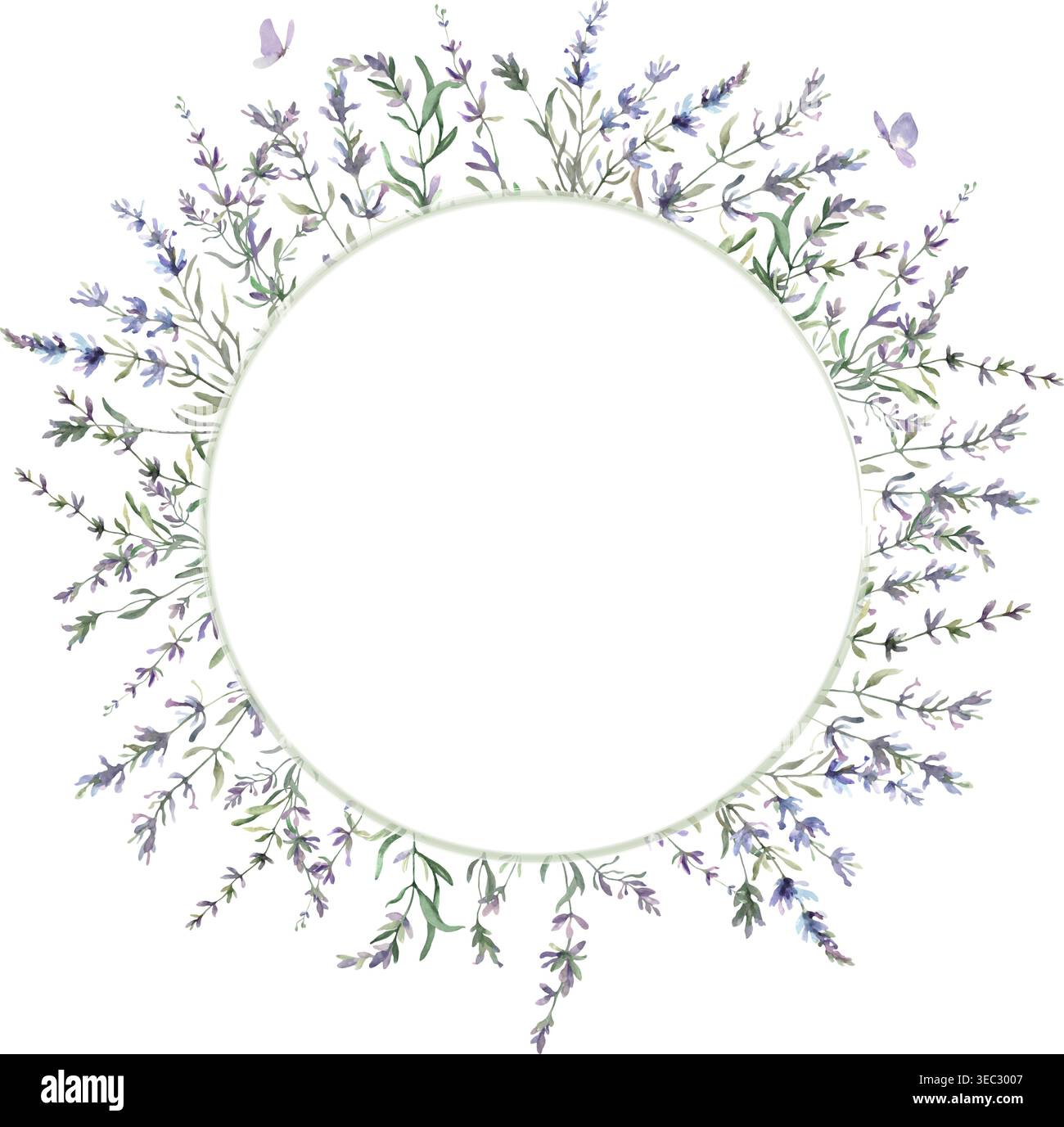 Blumengestell mit Lavendelrahmen in Aquarellfarben und lila Blumen. Elegante botanische Grenze auf weißem Hintergrund für Hochzeit, Schreibwaren. Vektor-EPS. Stock Vektor