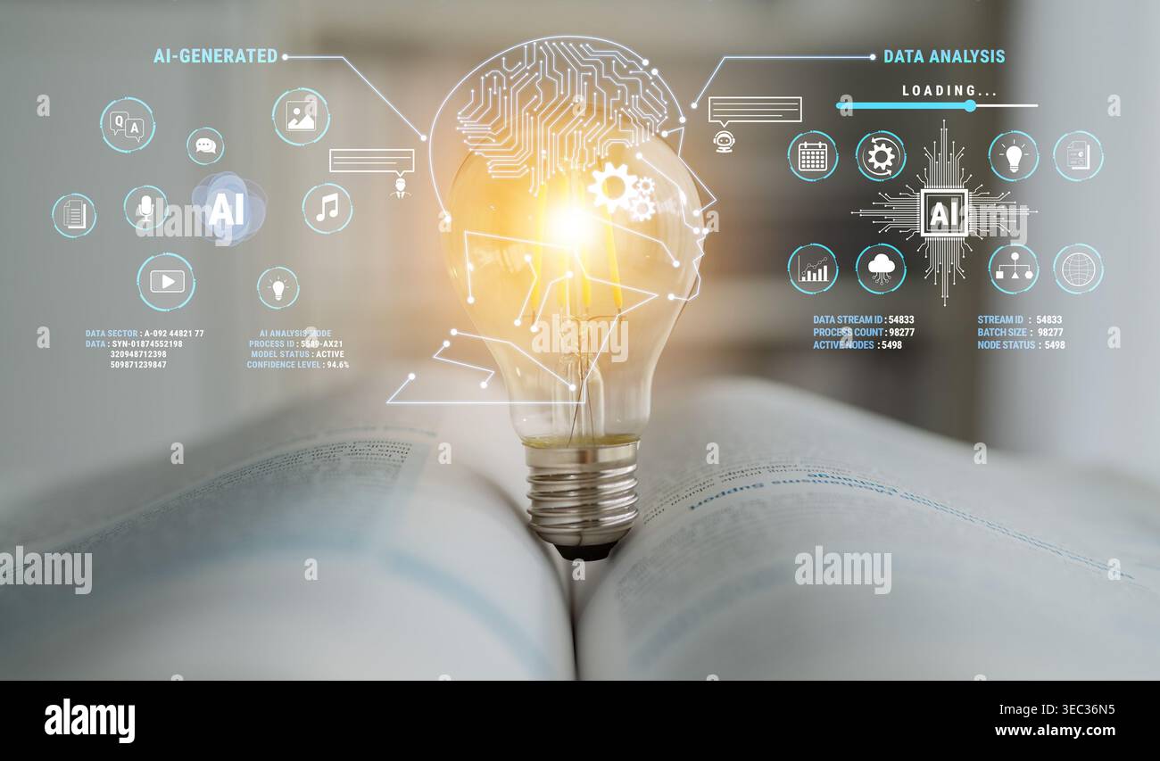Konzeptionelles Glühbirnendesign Dekorationsbuch zur Illustration von KI-Datenanalyse und Technologieintegration für innovative Ideen und Erkenntnisse Fluxor. Stockfoto