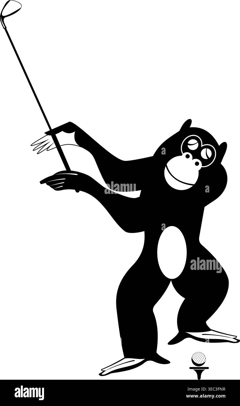 Cartoon-Affe spielt Golf. Der lustige Affe versucht, einen guten Schuss zu machen. Schwarzweiß-Illustration Stock Vektor
