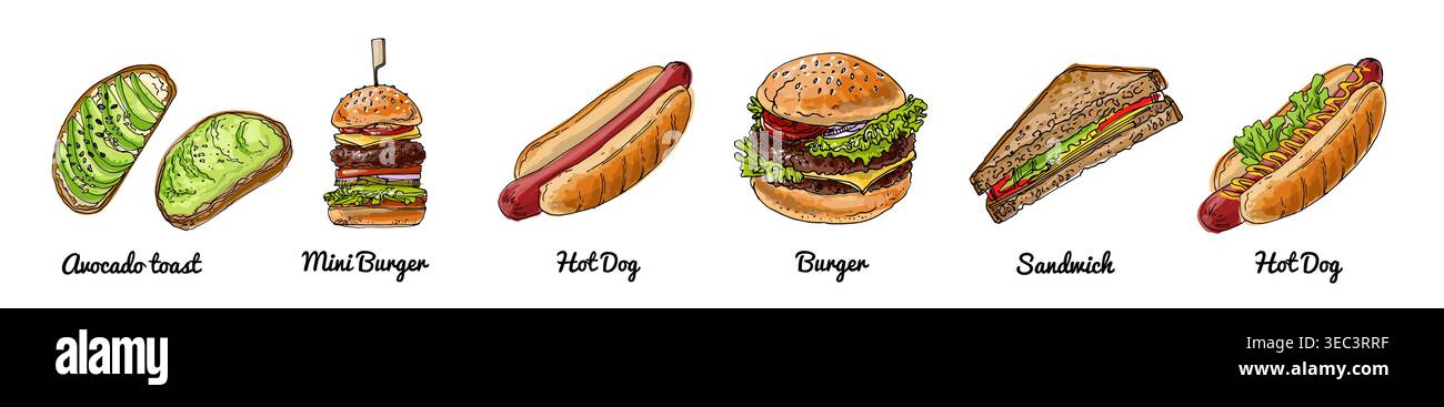 Hand Gezeichnet Vektor Fast Food Set Burger, Hot Dog, Sandwich, Avocado Toast Stock Vektor