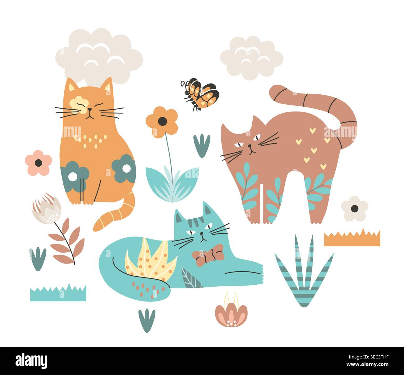 Verspielte Katzen im Garten. Vektorabbildung Stock Vektor