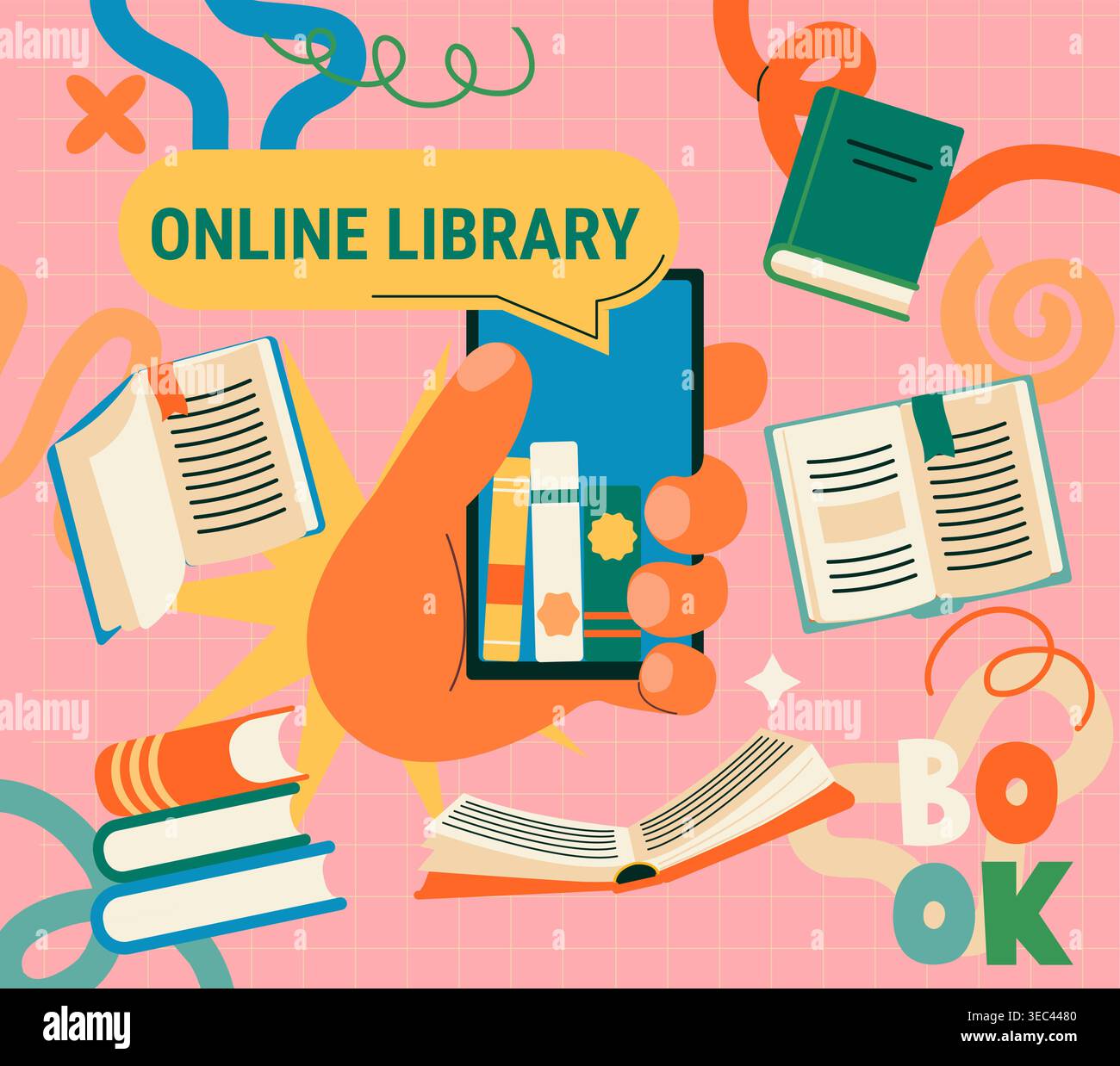 Konzept der Online-Bibliothek in der Hand.Smartphone zum Bestellen Buch, Lesen von Büchern über Handy, Online-Shop.Geschichten, Gedichte, Romane in mobiler Anwendung.Bildung,Lernen,Selbstbildungskonzept.Vektor Stock Vektor