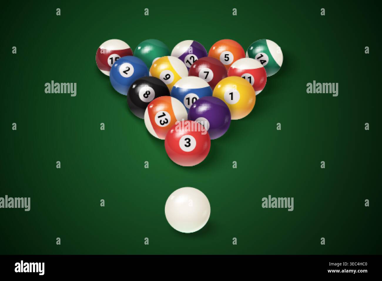 Billardbällchen. Snooker Ball Dreieck Rack bereit Spiel Spiel, realistische Billardkugel acht Zahlen grüner Hintergrund Sport Glücksspiel Queue Turnier, exakte Vektor Illustration Original Artwork Stock Vektor