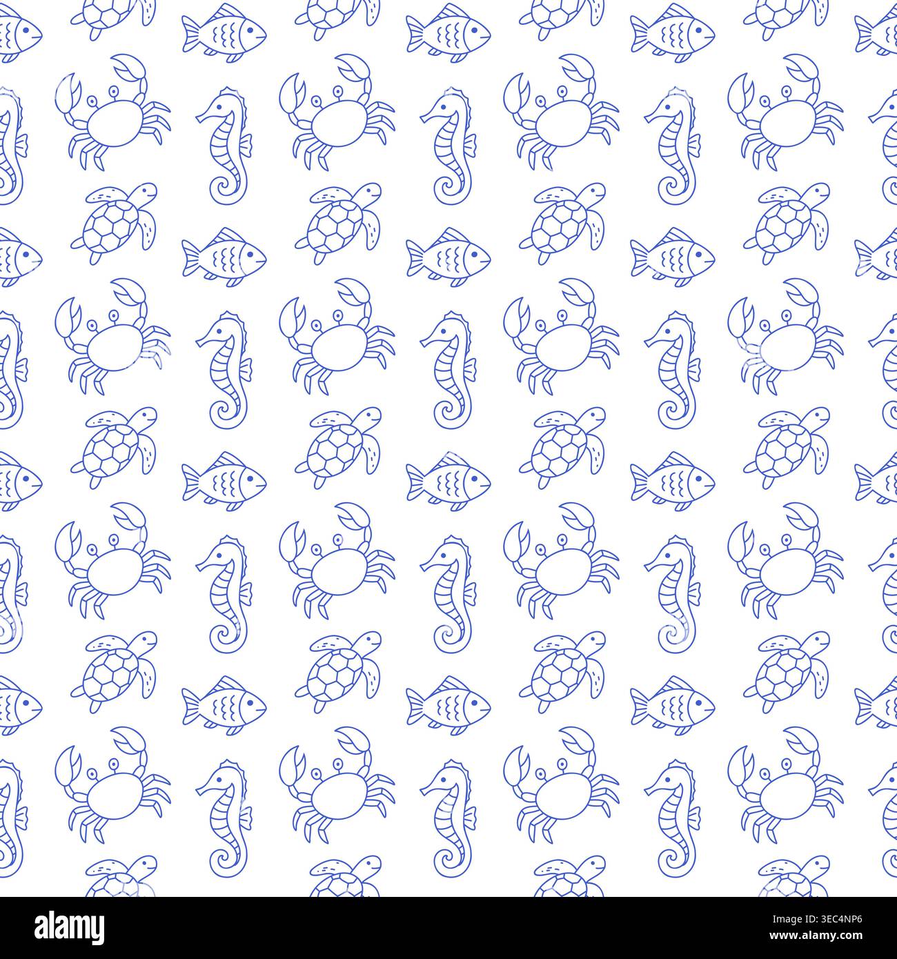 Nahtloses Muster mit Fisch, Schildkröte, Krabbe und Seepferdchen in blauer Linie auf weißem Hintergrund. Outline Ocean Life Print Stock Vektor