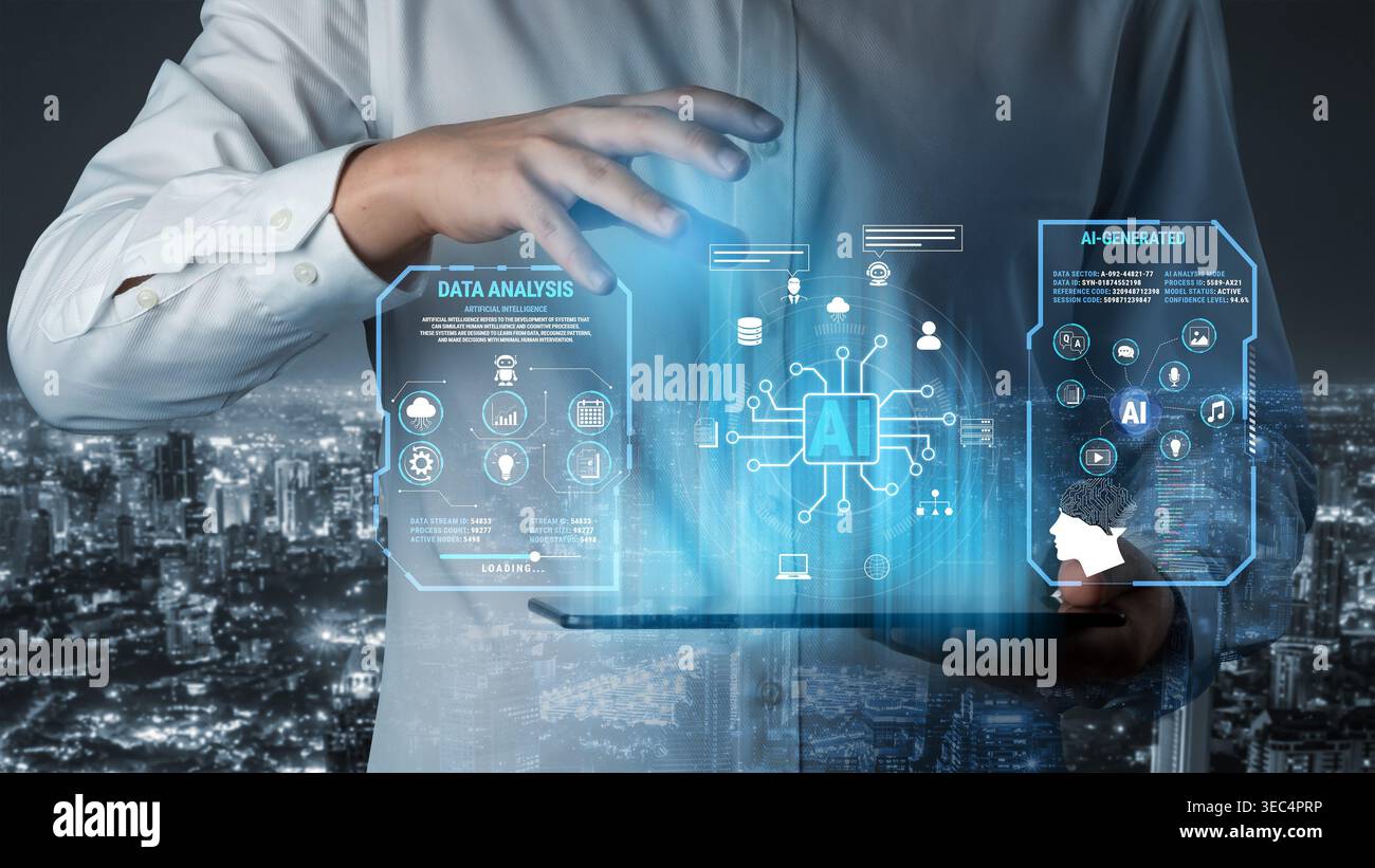 Digitale Schnittstelle für Datenanalyse und Visualisierung künstlicher Intelligenz mit Stadtbild-Hintergrund bei Nachtfluxor. Stockfoto