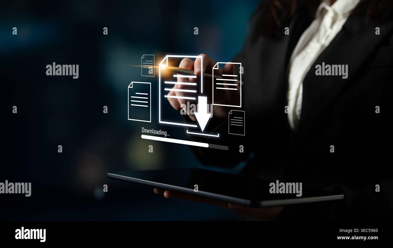 Visuelle Darstellung des Downloads digitaler Dokumente, die Dateiübertragung, Datenzugriff und Fortschrittsstatus für sichere und effiziente Informationen zeigt Stockfoto
