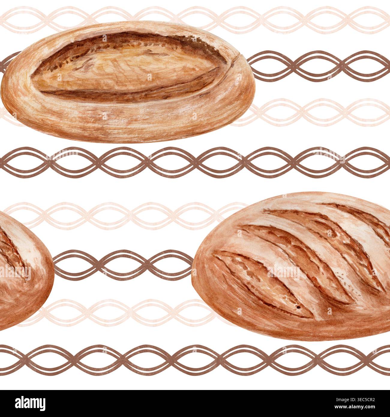 Nahtloses Muster mit handbemaltem Sauerteigbrot in warmen neutralen Tönen. Minimales Bäckereidesign mit klarem horizontalen Layout, ideal für Stockfoto