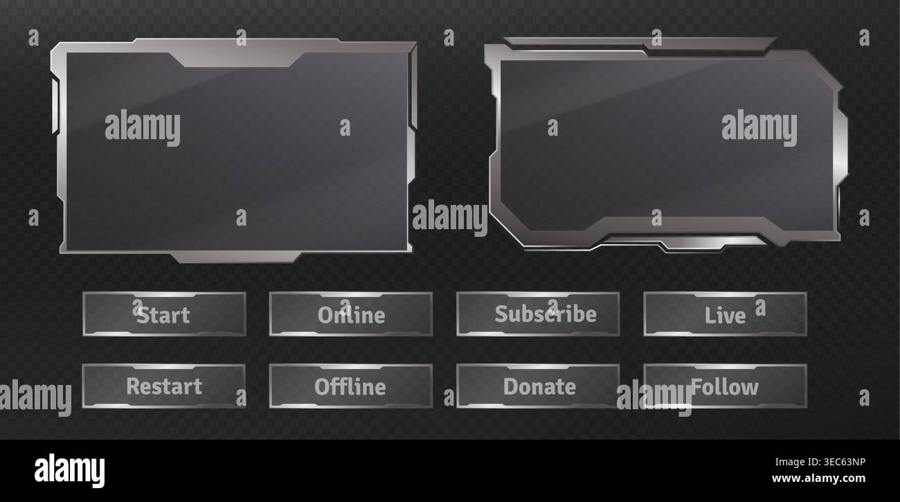 Futuristische ui-HUD-Rahmen und technische Schaltflächen isoliert auf transparentem Hintergrund. Vektor-realistische Illustration der Web-Stream-Schnittstelle aus Silber-Chrom, Designelemente, Metallrahmen für das Cyberpunk-Menü Stock Vektor