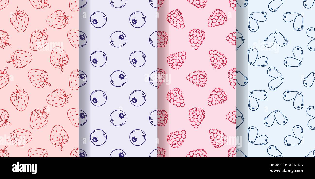 Set mit Beerenmotiven für den Sommer. Handgezogene Erdbeeren, Himbeeren, Heidelbeeren und Geißblatt auf zartem Hintergrund. Nahtloses Muster für Textilien Stock Vektor