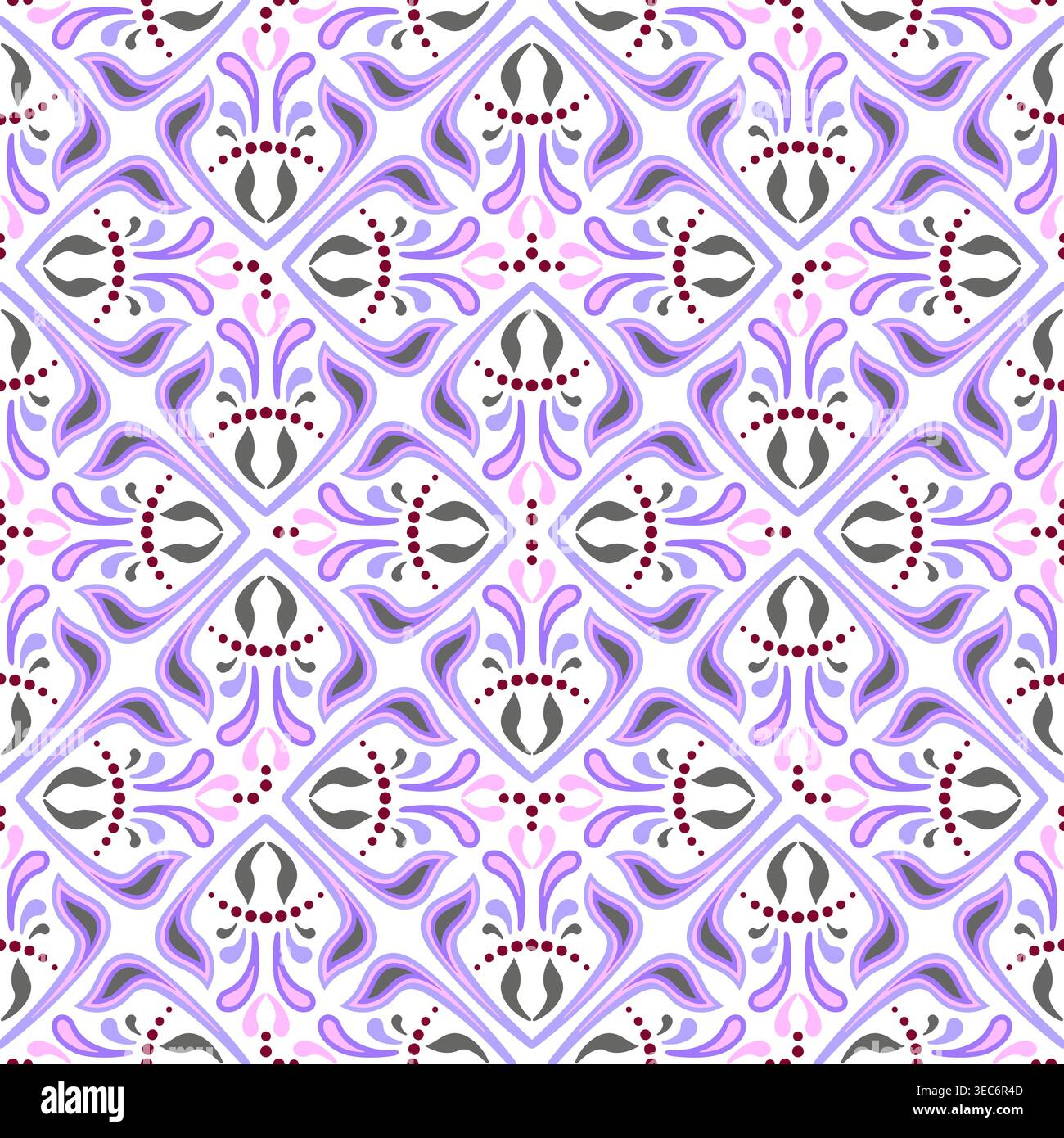 Komplexes ornamentales nahtloses Muster gekrümmter Formen. Lila rosa Ornament auf weißem Hintergrund. Stock Vektor