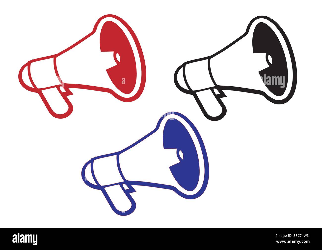 Set mit 3 Megaphon-Symbolen in Rot/Schwarz und Blau | Bullhorn-Lautsprechergrafiken für Marketing-Ankündigungen und Nachrichten | Professional Communic Stock Vektor