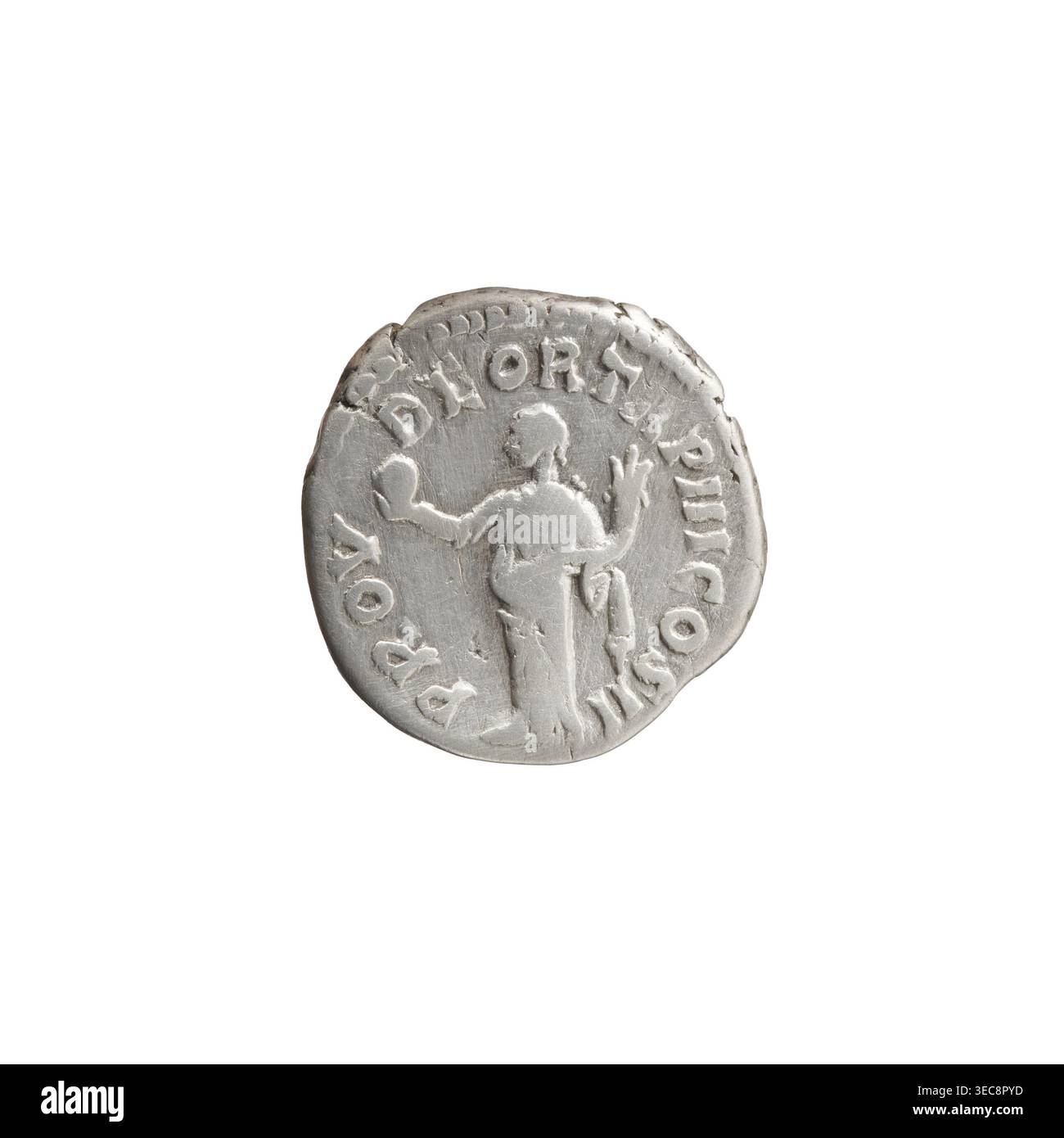 Denar von Lucius Verus (130–169; römischer Kaiser 161–169), Herausgeber Lucius Verus. Vorderseite: Kopf von Lucius Verus rechts freigelegt, Legende „IMP L VERVS AVG“. Rückwärts: Providentia steht links, hält einen Globus in ihrer ausgestreckten rechten Hand und einen Kornukopia in ihrer linken Hand, Legende 'PROV·DEOR·T, P III COS II'. Datum: 162–163. Römisches Reich. Rom. Münze; Durchmesser 17,0–17,5 mm; Gewicht 3,35 g; Achse 180°., kreisförmiges metallisches Objekt mit abgenutztem, ungleichmäßigem Rand, das ein erhöhtes Relief einer stehenden menschlichen Figur zeigt, von hinten gesehen und leicht im Profil, wobei ein rundes Objekt in einer Hand gehalten wird und das hochhebt Stockfoto